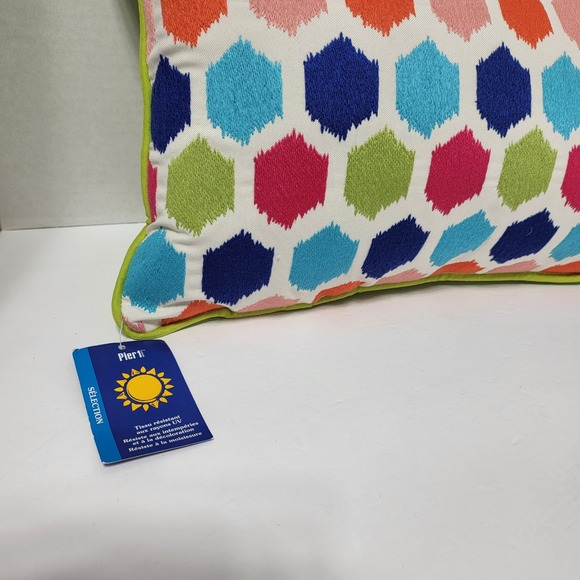 Pier 1 Selection Outdoor Lumbar Pillow Geometric Hexagon Lime Green Trim - Picture 2 of 7